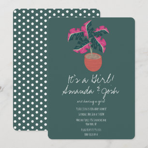 Monstera Tropical Green Dots Girls Baby Shower Invitation
