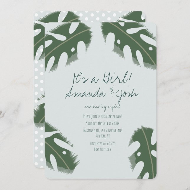 Monstera Tropical Greenery Girl Baby Shower Invitation (Front/Back)