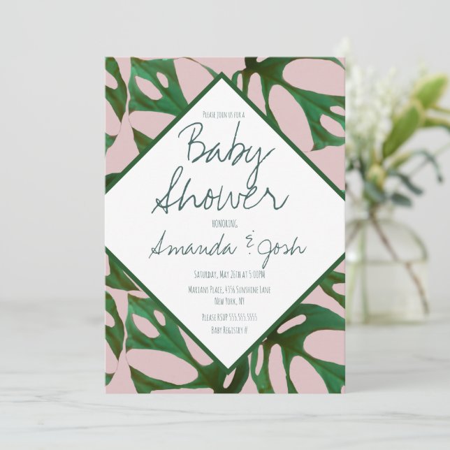 Monstera Tropical Leaf Pattern Baby Shower  Invita Invitation (Standing Front)