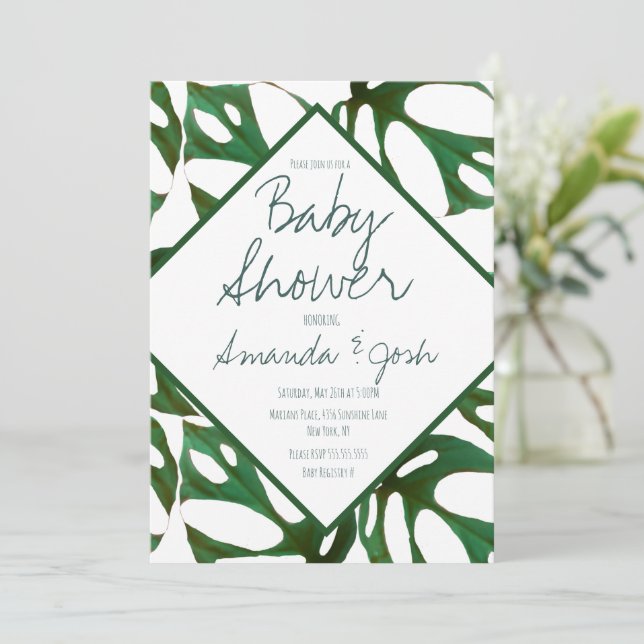 Monstera Tropical Leaf Pattern Baby Shower  Invitation (Standing Front)