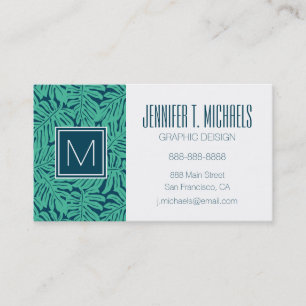 Monstera Tropical Leaf Pattern   Monogram Business Card