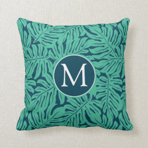 Monstera Tropical Leaf Pattern   Monogram Cushion