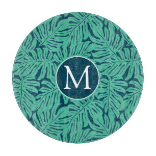 Monstera Tropical Leaf Pattern   Monogram Cutting Board