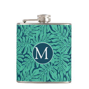 Monstera Tropical Leaf Pattern   Monogram Hip Flask
