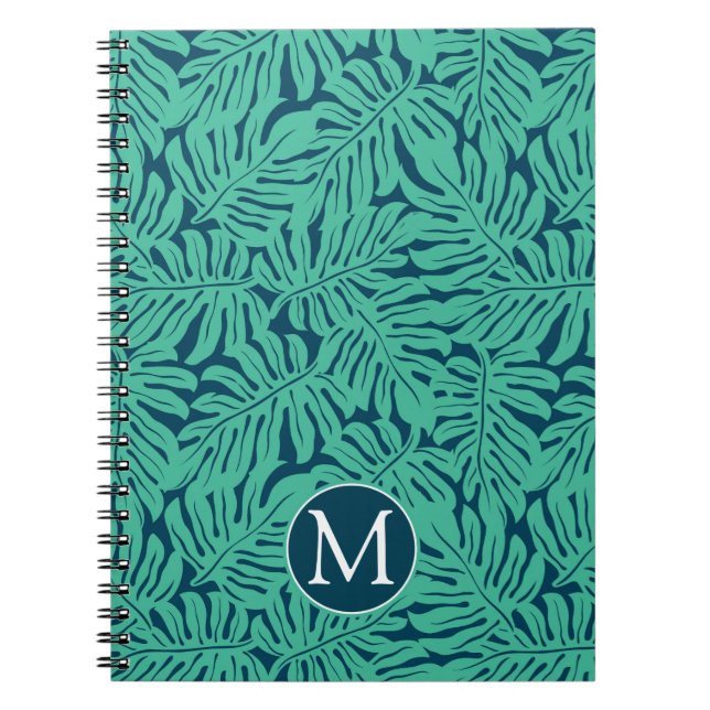 Monstera Tropical Leaf Pattern | Monogram Spiral Notebook (Front)