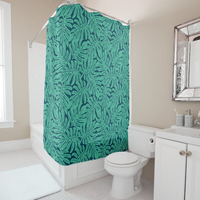 Monstera Tropical Leaf Pattern Shower Curtain (In Situ)