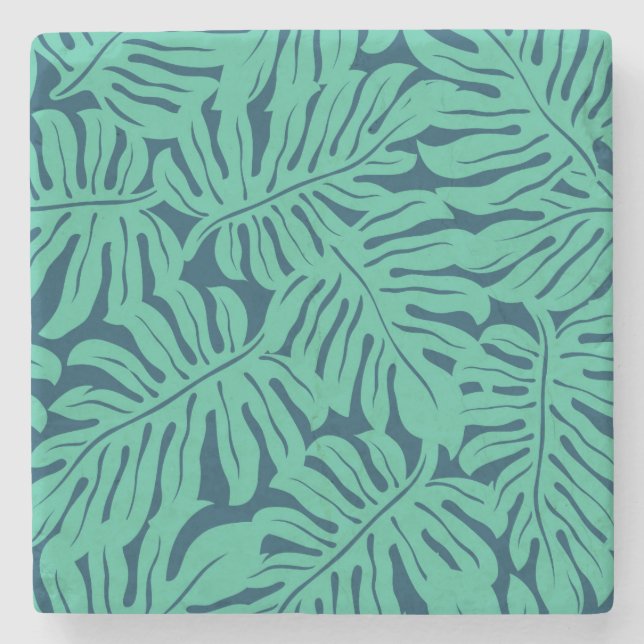 Monstera Tropical Leaf Pattern Stone Coaster (Front)