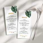 Monstera Tropical Palm Leaf Wedding Menu Card<br><div class="desc">Elevate your wedding tablescape with our Monstera Tropical Palm Leaf Wedding Menu Card. This beautifully designed card adds a touch of tropical elegance, guiding your guests through the culinary delights of your special day. Features vibrant monstera and palm leaf illustrations, paired with a clean and sophisticated layout to enhance your...</div>
