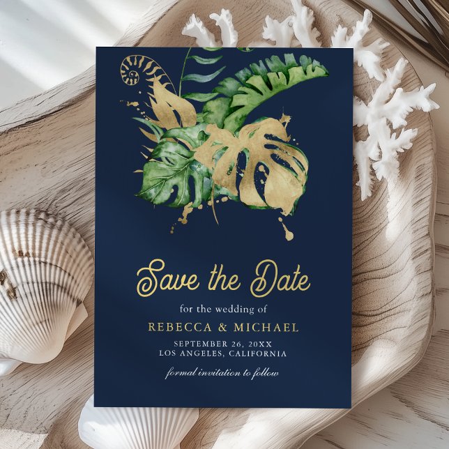 Monstera Tropical Palm Photo Navy Blue Wedding Save The Date (Creator Uploaded)