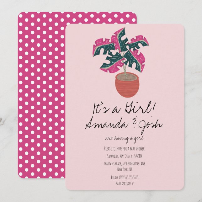 Monstera Tropical Pink Dots Girls Baby Shower Invitation (Front/Back)