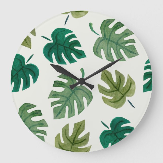 Monstera Watercolor: Green Seamless Texture. Large Clock (Front)