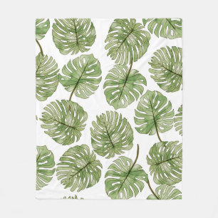 Monstera Watercolor Green Tropical Leaves Seamless Fleece Blanket