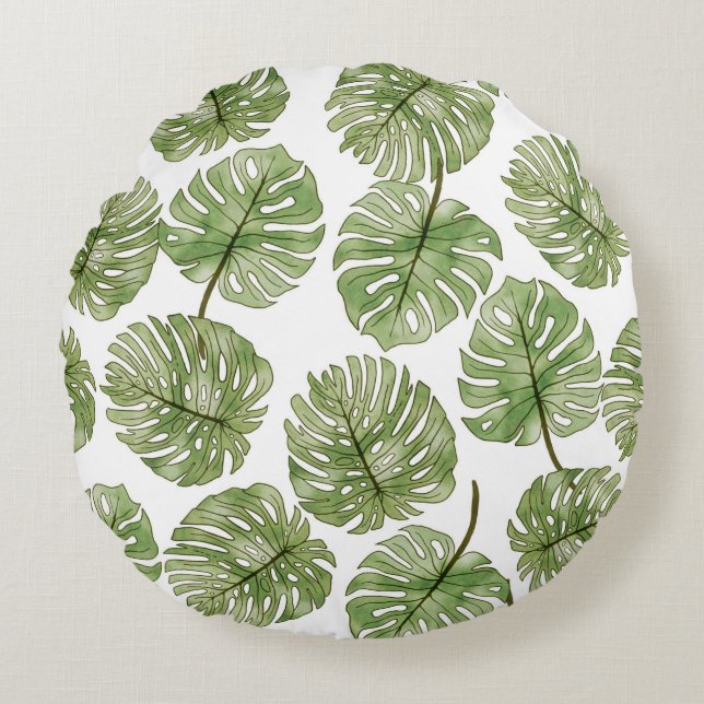 Monstera Watercolor Green Tropical Leaves Seamless Round Cushion (Front)