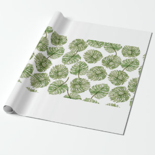 Monstera Watercolor Green Tropical Leaves Seamless Wrapping Paper