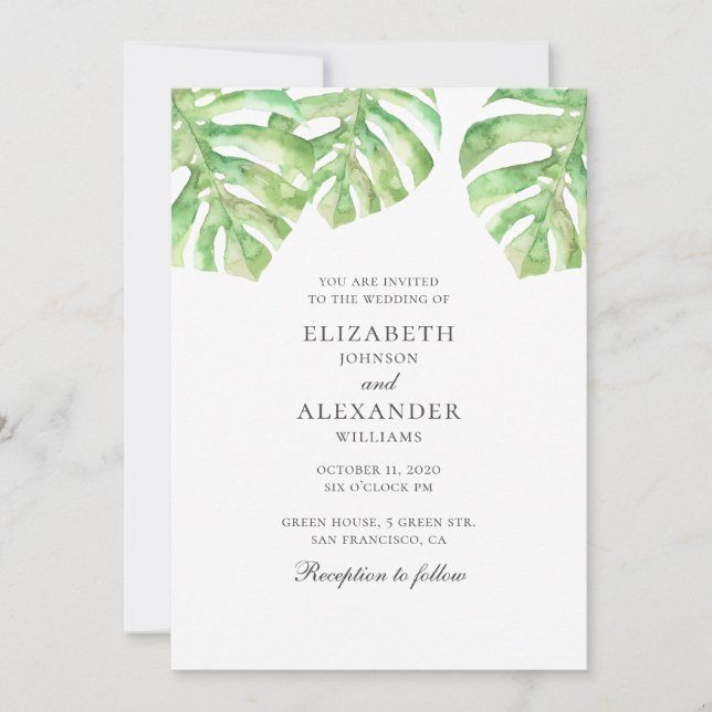 Monstera. Watercolor greenery tropical wedding Invitation (Front)