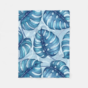 Monstera watercolor pattern blue fleece blanket