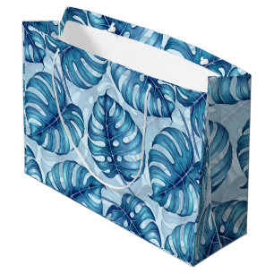 Monstera watercolor pattern blue large gift bag