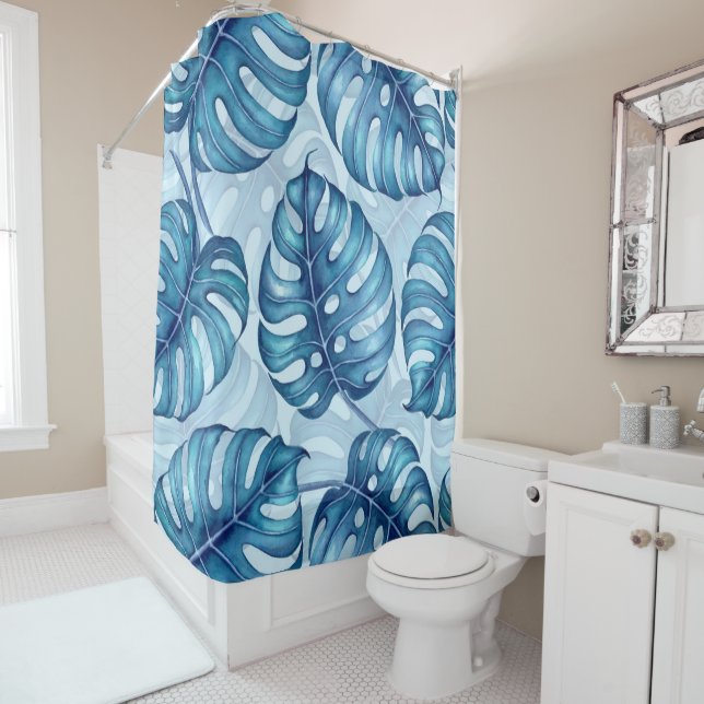 Monstera watercolor pattern blue shower curtain (In Situ)