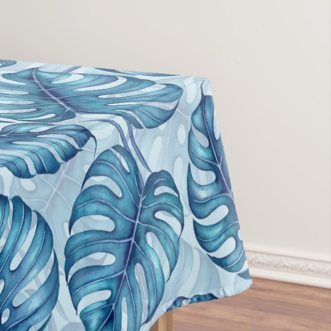 Monstera watercolor pattern blue tablecloth (In Situ)