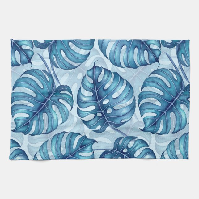 Monstera watercolor pattern blue tea towel (Horizontal)