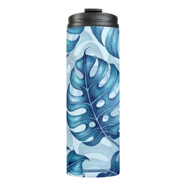 Monstera watercolor pattern blue thermal tumbler (Front)