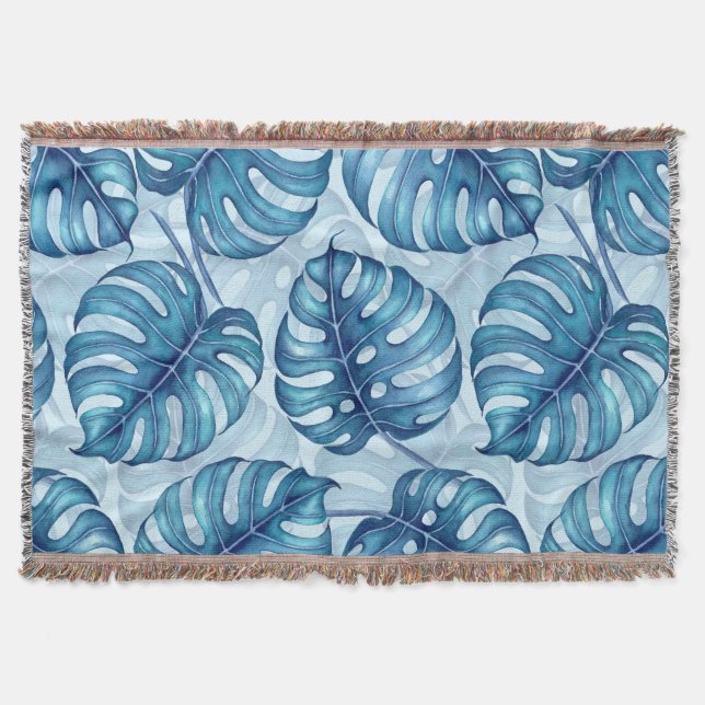 Monstera watercolor pattern blue throw blanket (Front)