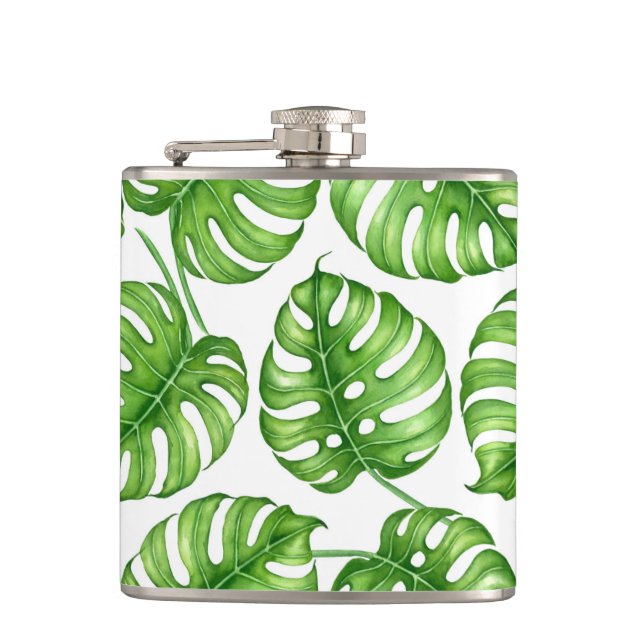 Monstera watercolor pattern hip flask (Front)