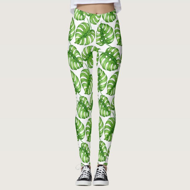 Monstera watercolor pattern leggings (Front)