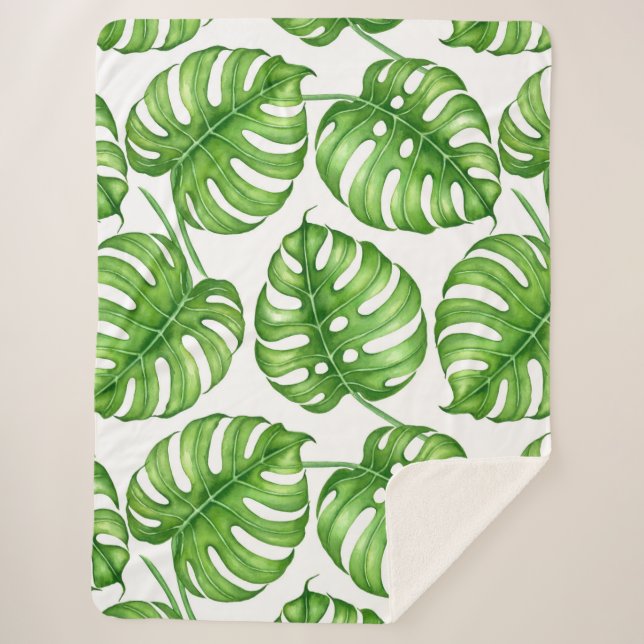 Monstera watercolor pattern sherpa blanket (Front)
