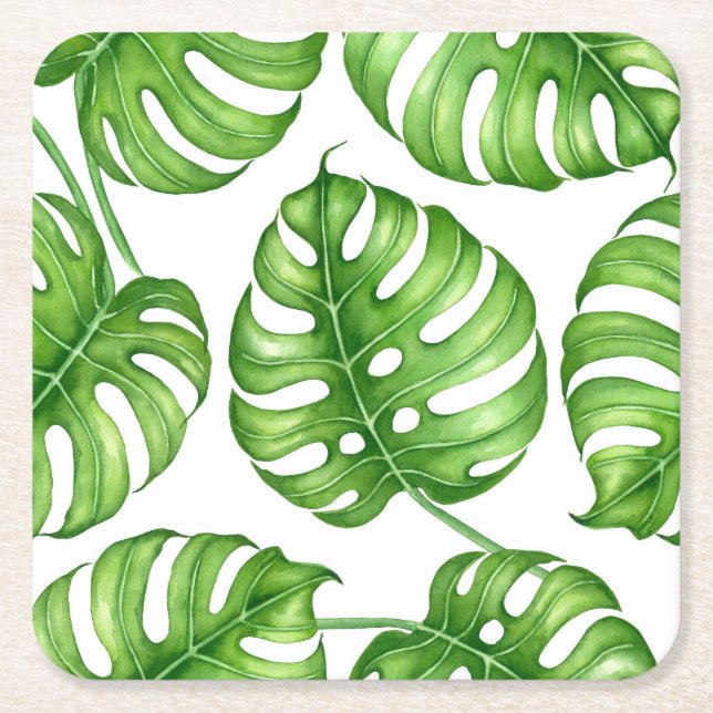 Monstera watercolor pattern square paper coaster (Front)