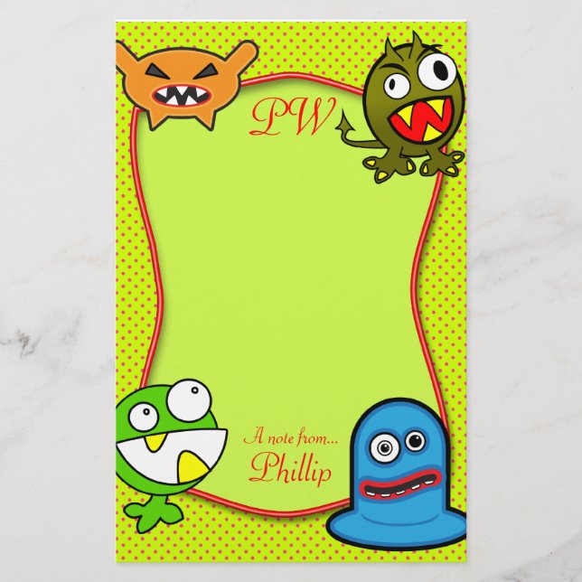 Monsters - A note from... Kids Name Stationary Stationery (Front)