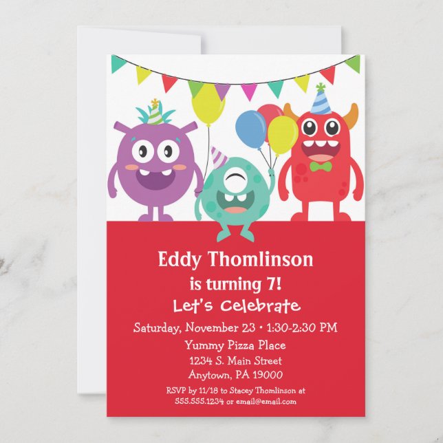 Monsters Birthday Invitation Boys Colourful Monste (Front)