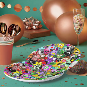 Monsters Cute Characters Halloween Pattern Paper Plate