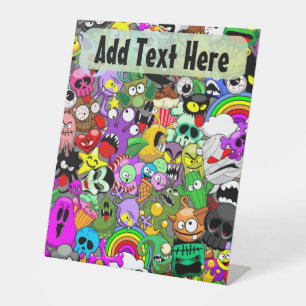 Monsters Cute Characters Halloween Pattern Pedestal Sign