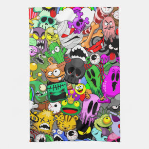 Monsters Cute Characters Halloween Pattern  Tea Towel