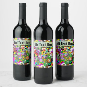 Monsters Cute Characters Halloween Pattern  Wine Label