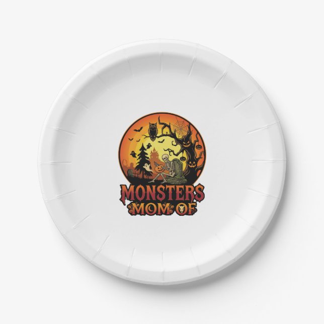Monsters Mum Halloween Skeleton Pumpkin Owl Spooky Paper Plate (Front)