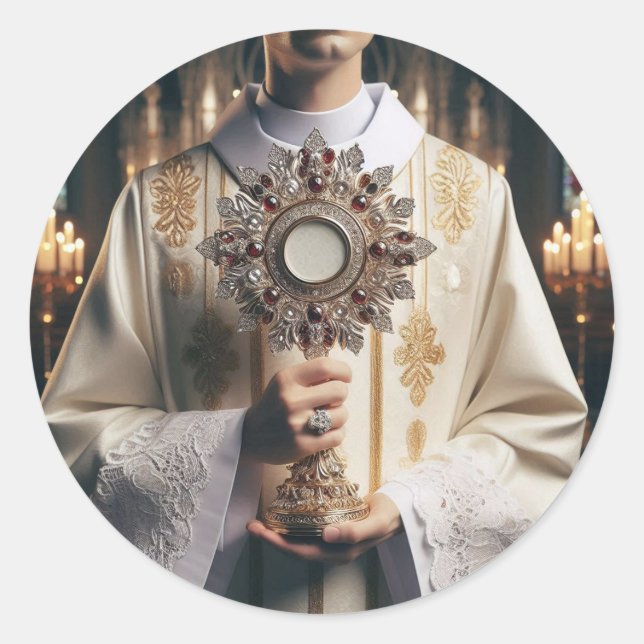 Monstrance with the hands of a Father Classic Round Sticker (Front)