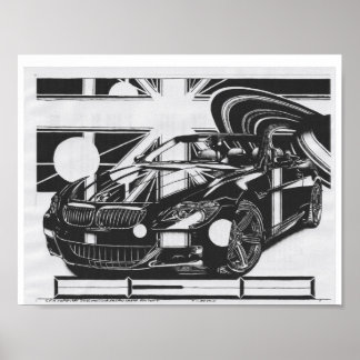 Montage ink drawing - sports car the centerpiece. poster