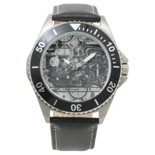 Montage ink drawing - sports car the centerpiece. watch