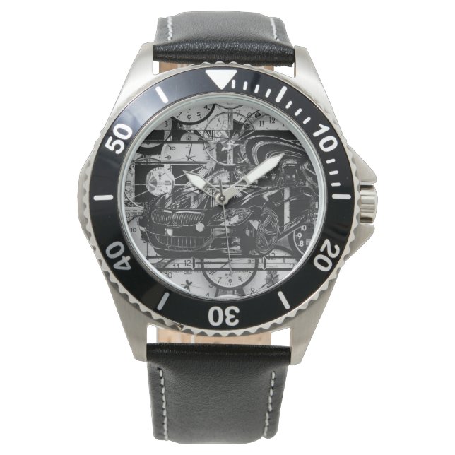 Montage ink drawing - sports car the centerpiece. watch (Front)