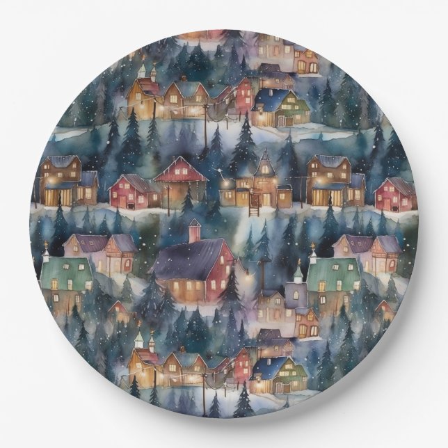 Montana Christmas at Midnight Street Watercolor Paper Plate (Front)