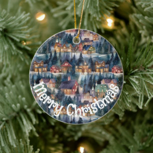 Montana Christmas Cowboy Town at Night Ceramic Tree Decoration