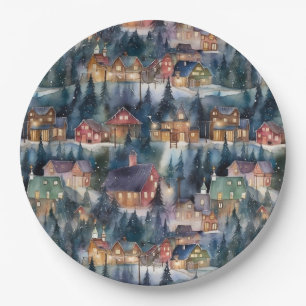 Montana Christmas Cowboy Town at Night Paper Plate