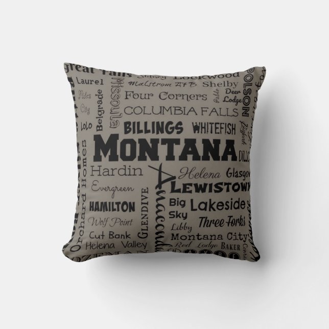 Montana Cities Typography throw pillow in grey (Front)