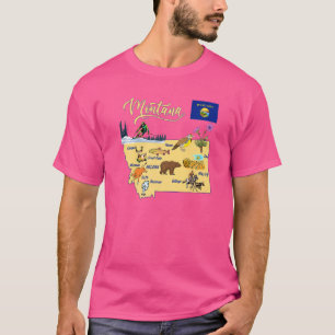 Montana Map Tourist Attractions Major Cities Flag T-Shirt