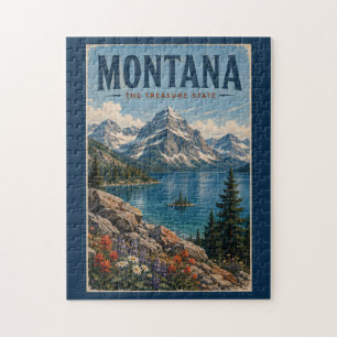 Montana Mountains Illustration Travel Art Vintage Jigsaw Puzzle
