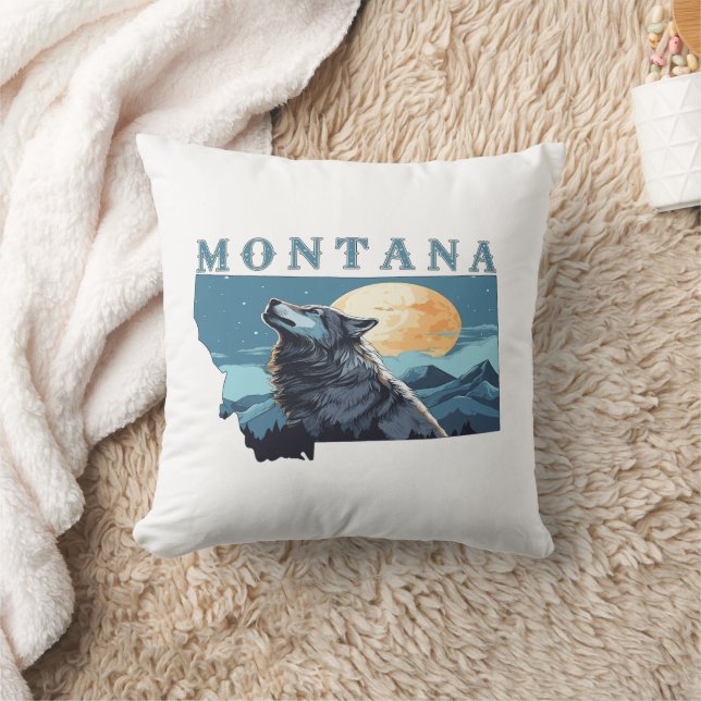 Montana Outline Wolf and Moon Cushion (Blanket)