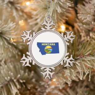 Montana State Flag and Map Snowflake Pewter Christmas Ornament