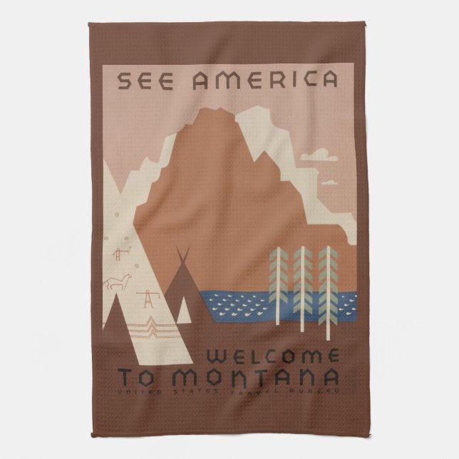 Montana State: Indian Tribes, Mountains, Prairie Tea Towel (Vertical)